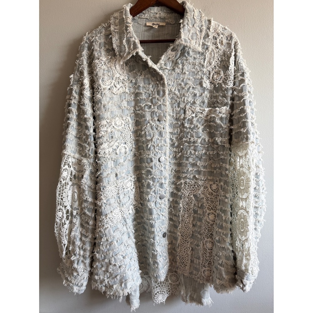 Blue Velvet Plaid Fringed Lace Patchwork Shirt Jacket XL Crochet Boho Shacket